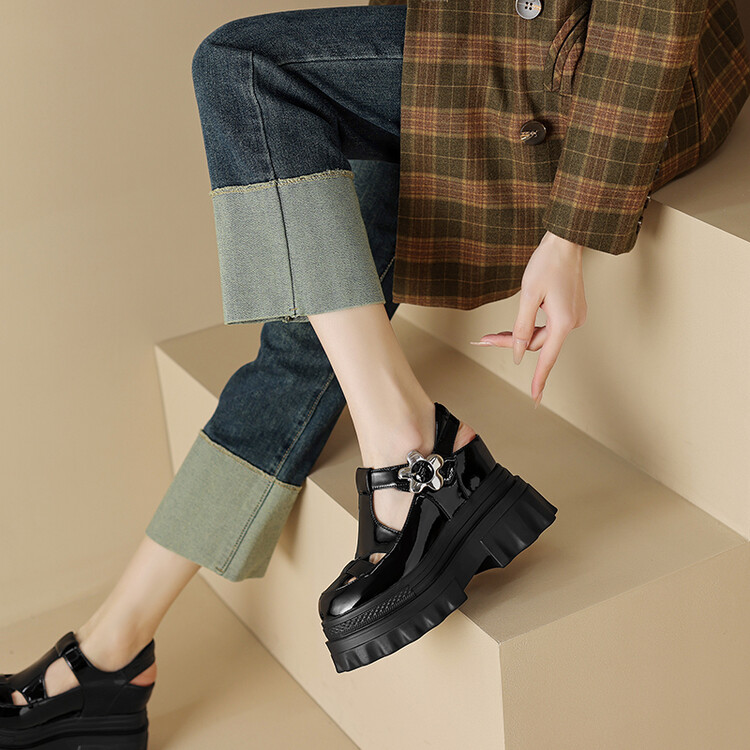 Women's Patent Leather Platform Sandals with Hidden Wedge Heel - Image 3