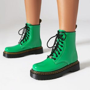 Women's Mid-Calf Fashion Boots - PU Patent Lace-Up