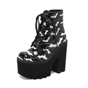 Women's Black PU Square Toe Mid Calf Boots with Chunky High Heel
