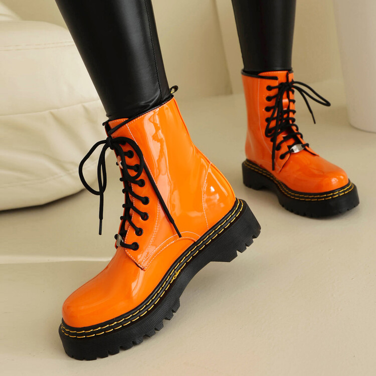 Women's Mid-Calf Fashion Boots - PU Patent Lace-Up - Image 3