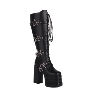 Women's Square Toe High Heel Fashion Boots with Lace-Up Front