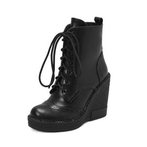Women's Fashion Mid-Calf Boots - Pointed Toe Lace-Up High Heel Platform Embroidered PU