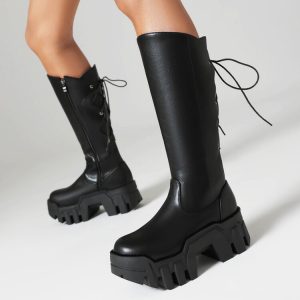 Women's High Heel Platform Fashion Boots with Cross Straps and Side Zippers