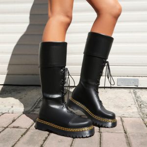 Women's High Heel Platform Fashion Boots with Cross Lace-Up and Plaid Accents
