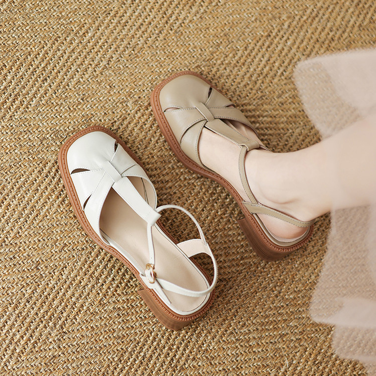 Women's Closed Toe Sandals Low Top Comfortable Mid Heel Khaki Beige - Image 4