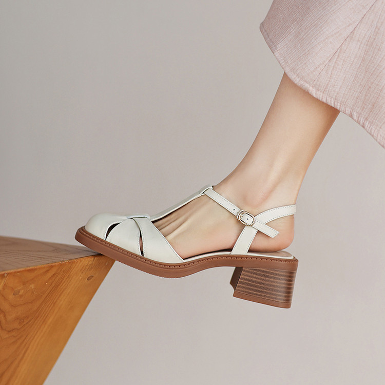 Women's Closed Toe Sandals Low Top Comfortable Mid Heel Khaki Beige - Image 2