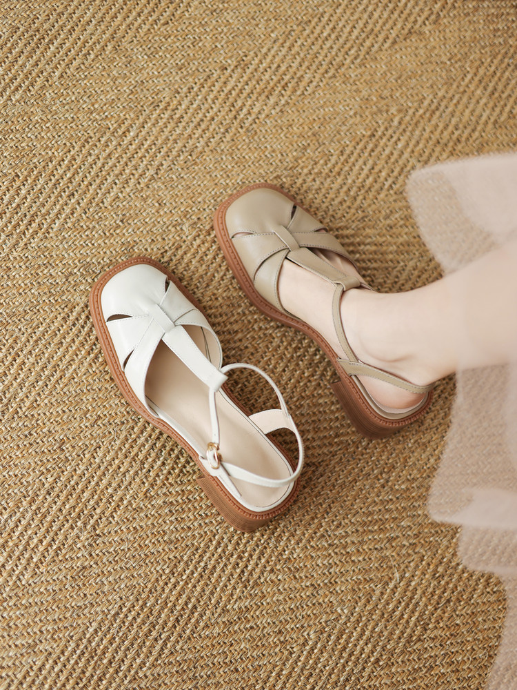 Women's Closed Toe Sandals Low Top Comfortable Mid Heel Khaki Beige - Image 5