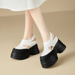 Women's Platform Wedge Sandals - Black and White Leather, Super High Heel, Spring 2025