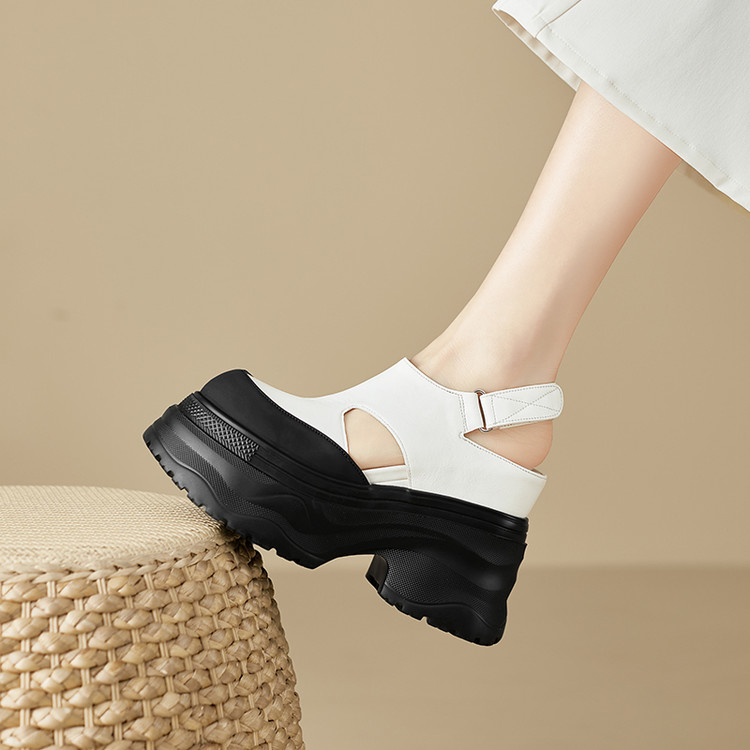 Women's Platform Wedge Sandals - Black and White Leather, Super High Heel, Spring 2025 - Image 3
