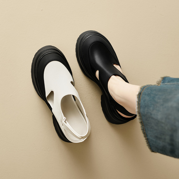 Women's Platform Wedge Sandals - Black and White Leather, Super High Heel, Spring 2025 - Image 4