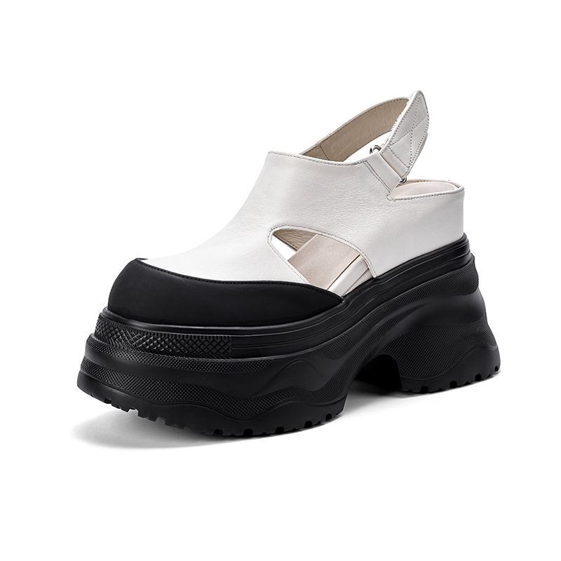Women's Platform Wedge Sandals - Black and White Leather, Super High Heel, Spring 2025 - Image 5