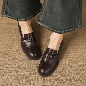 Women's Brown Black Loafers Slip-On Mid Heel Square Heel Round Toe