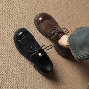 Women's British Style Loafers - Faux Leather, Rubber Sole, Mid Block Heel, Lace-Up, Round Toe, Spring 2026