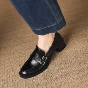 Women's Roman Style Loafers with Metal Buckle and Chunky Mid Heel
