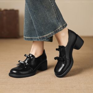 Japanese Style Women's Loafers with Bow and Chunky Heel