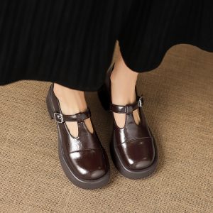 Women's British Style T-Strap Loafer Flats with Square Mid Heel