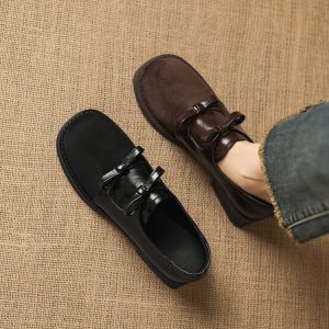 Women's Japanese Style Square Toe Loafers with Bow Slip-On Mid Heel