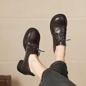 Women's Japanese Style Loafers - Faux Leather Mid Block Heel Shoes