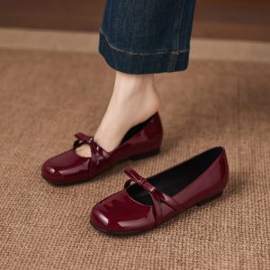 Korean Style Women's Flat Shoes - Slip-On Round Toe, Red/Black, Sizes 33-43